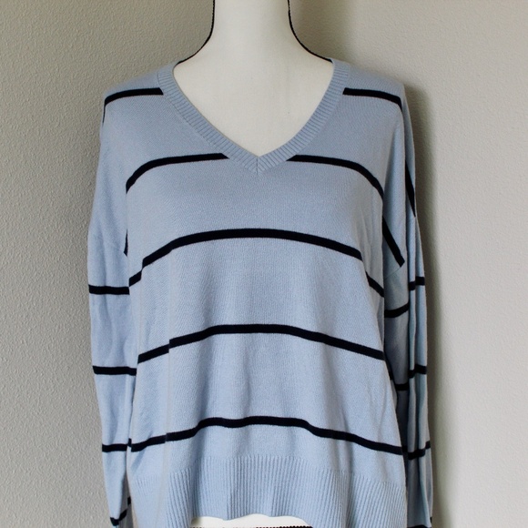 LOFT Sweaters - Light Blue Striped Relaxed Fit V-Neck Sweater